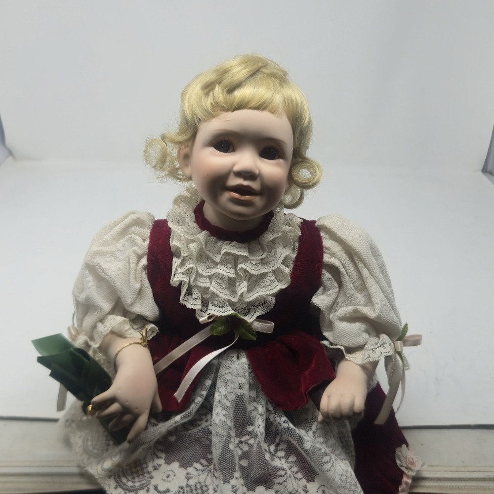 Vintage 1996 Hamilton Collection Carol Porcelain Doll Reco Holiday Christmas Red